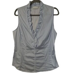 New York & Company Blue Striped Ruffle Blouse